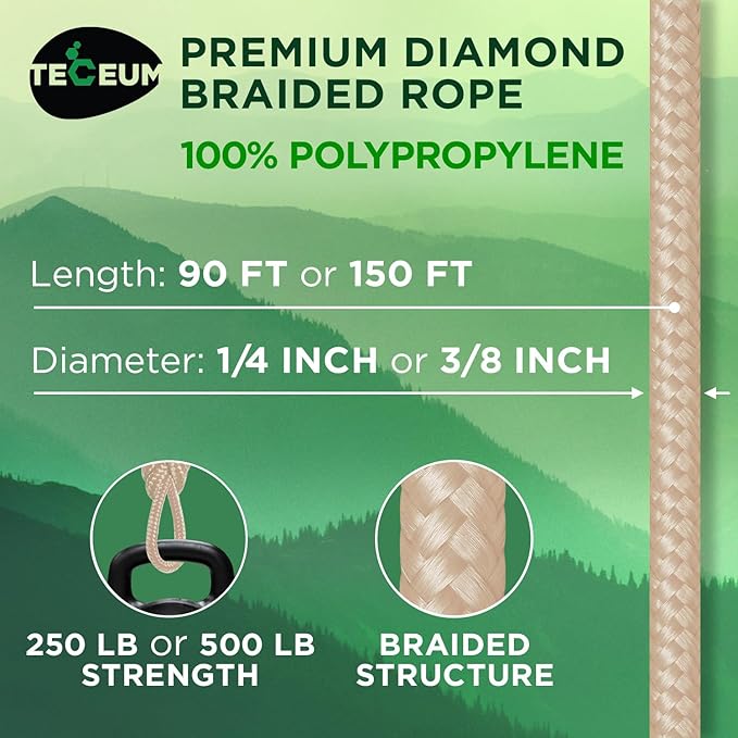 TECEUM Rope – 90 Feet x 3/8 Inch (10mm) – Beige – Strong All-Purpose Utility Rope – Camping, Crafting, Flag Pole, Indoor & Outdoor – Polypropylene Nylon Poly Lightweight Diamond Braided Cord
