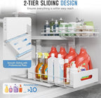 Under Sink Organizer Upgrade To Professional Rails,2-Tier Dual Pull Out Cabinet Storage,Height Adjustable Slide Out Drawers For Bathroom Kitchen,2 Pack-14.5"Dx12.8"-16.9"H,White