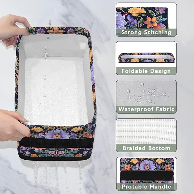 Bathroom Baskets for Organizing, Purple floral Foldable Storage Bins Toilet Paper Basket for Toilet Tank Top Fabric Storage Organizer for Shelves Closet Countertop（ Flower）