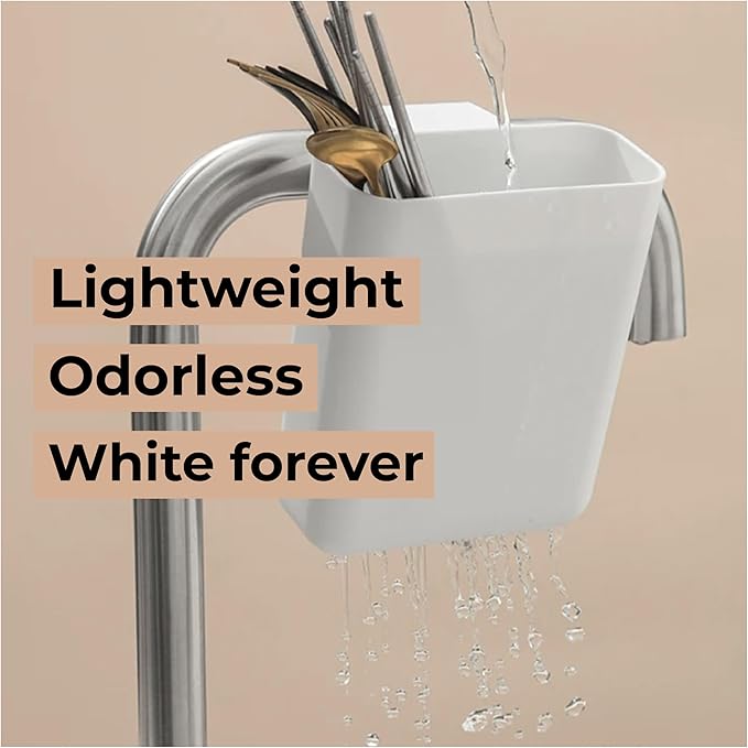 Multifunctional Compact Kitchen Drainer Drain Basket Utensil and Cutlery Drying Rack Holder and Hangable Sink Shelf Home Fruit Basket Plastic Storage Container White (Deep)