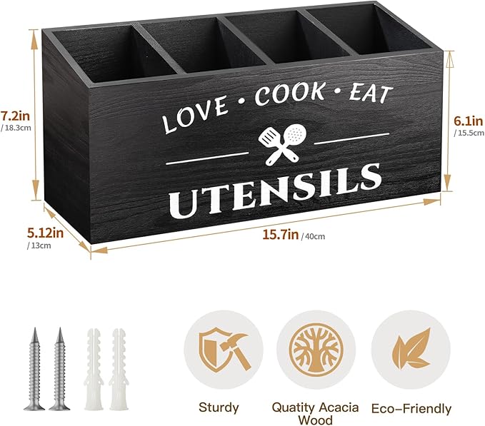 Rustic Wooden Utensil Holder for Countertop - 4 Compartment Farmhouse Heavy-Duty Flatware Caddy & Silverware Organizer - Large Kitchen Decor for Spoons, Forks, Parties, Coffee Bar & RV
