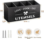 Rustic Wooden Utensil Holder for Countertop - 4 Compartment Farmhouse Heavy-Duty Flatware Caddy & Silverware Organizer - Large Kitchen Decor for Spoons, Forks, Parties, Coffee Bar & RV