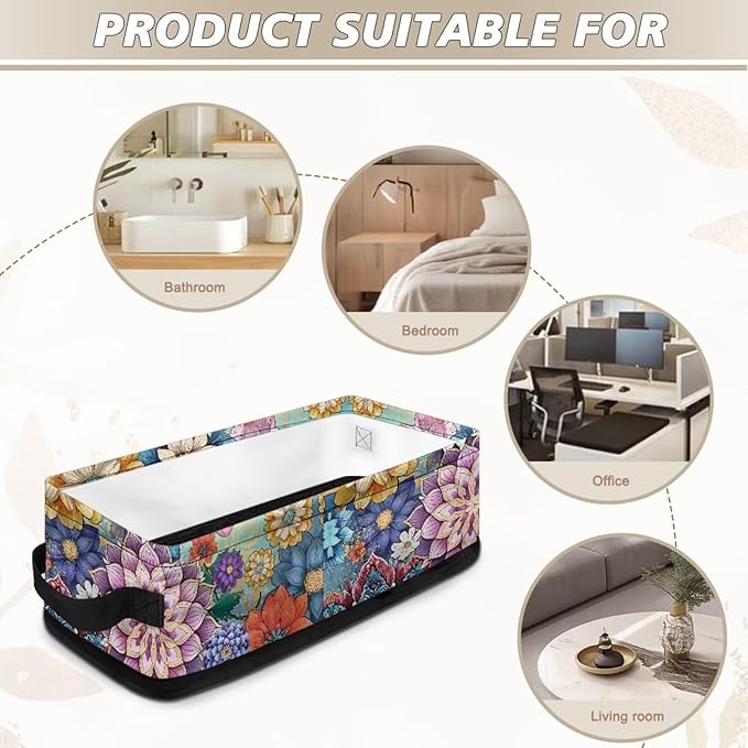 Toilet Paper Basket Foldable Organizer Multi-functional Storage Bin Office Organization Fabric Basket with Handles for Bathroom Kitchen Living Room Decor, Boho Flower Print