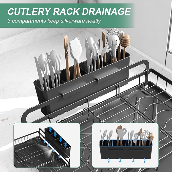 Dish Drying Rack for Kitchen Counter, Large Dish Drying Rack with Utensil Holder & Cutlery Tray, Dish Drainer with Drainboard, Black