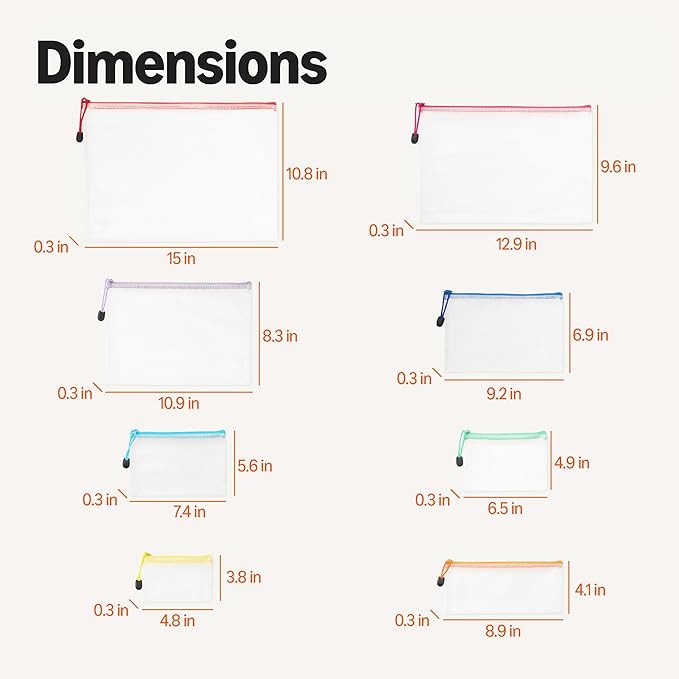 Amazon Basics 30-Pack Mesh Zipper Pouch Bags, 8 Sizes Assorted Colors Storage Organizers, Multipurpose Clear Travel Document Bags for Office Home School Organization