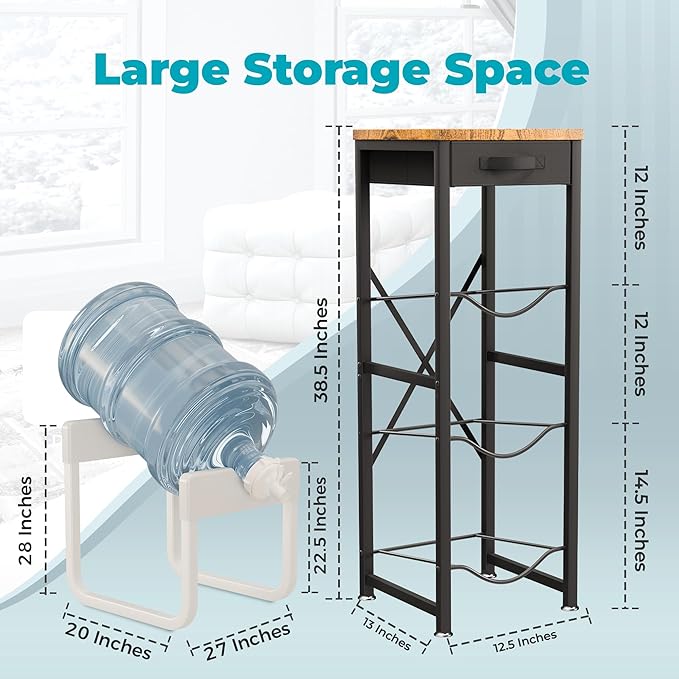 5 Gallon Water Jug Holder Stand 3-Tier Water Bottle Storage Rack & Dispenser Organizer with Stainless Steel Frame, BPA-Free Fast-Flow Spout, Heavy-Duty Wood Top Shelf for Home Kitchen & Office