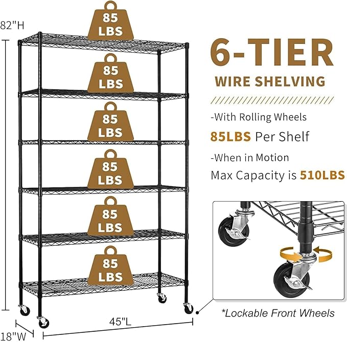 6-Tier Storage Shelves 45" x 18" x 82" Heavy Duty Metal Shelving Unit 2100Lb Capacity Adjustable Storage Racks with Wheels NSF Garage Wire Shelf for Basement Commercial, Black