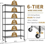 6-Tier Storage Shelves 45" x 18" x 82" Heavy Duty Metal Shelving Unit 2100Lb Capacity Adjustable Storage Racks with Wheels NSF Garage Wire Shelf for Basement Commercial, Black