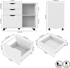 QDSSDECO 3-Drawer with Shelf Wood File Cabinet Mobile Lateral Filing Cabinet, with Rolling Wheel Printer Stand and Open Adjustable Storage Shelves, for Home Office, White