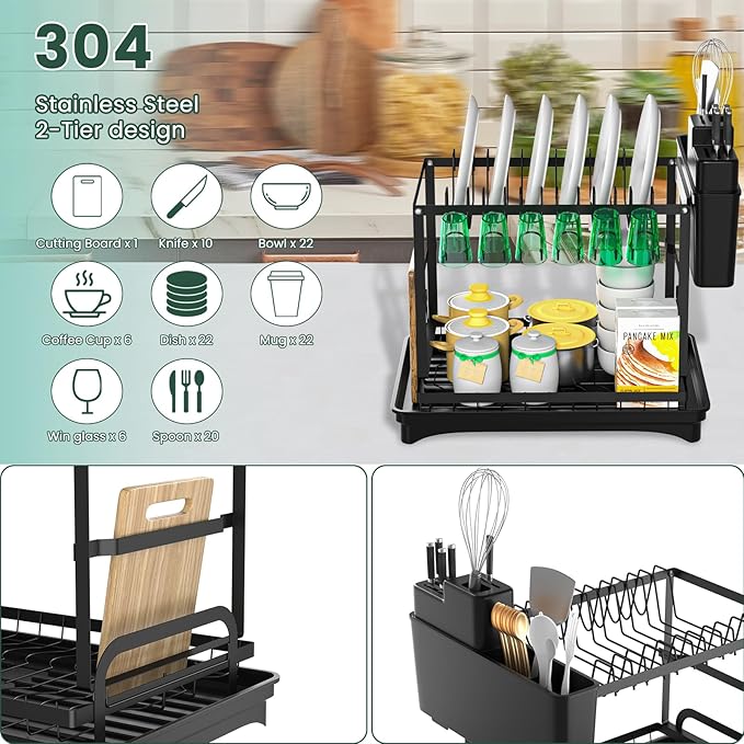 Drying Rack Kitchen, 2-Tier Dish Drying Rack Dish Racks for Kitchen Counter, Large Capacity Kitchen Organizer with Knife Slots & Cutlery Holder, Removable Drainboard for Plates, Bowls, Cups (Black)