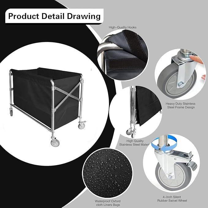 Commercial Laundry Cart with Wheels Collapsible Laundry Cart (400L), 12 Bushel Heavy Duty Industrial Rolling Baskets Trucks with Steel Frame and Waterproof Oxford Cloth, 300 Lbs Weight Capacity