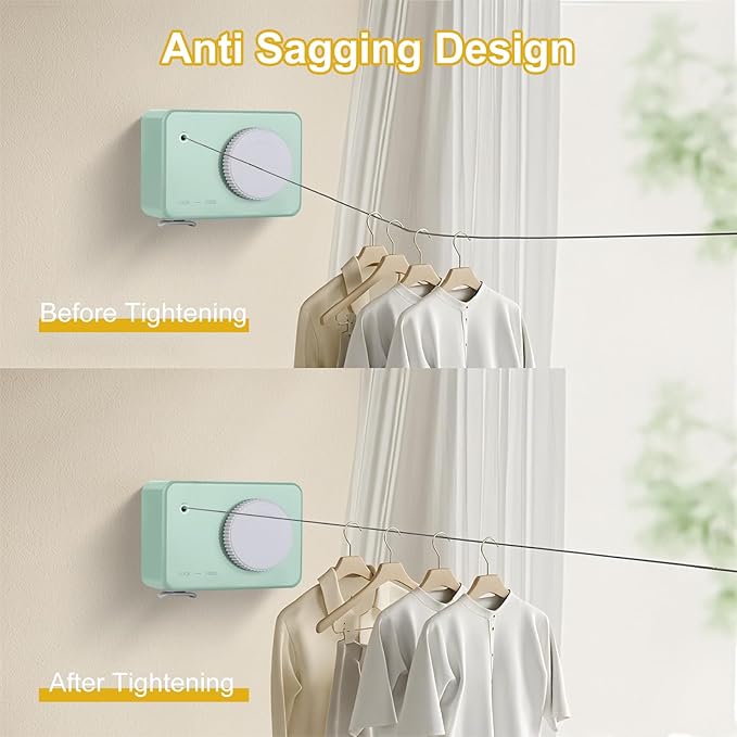 Retractable Clothesline Indoor/Outdoor, Anti-Sag for Drying Clothes Line Retracting Indoor/Outdoor, We Equipped This 13.8 Fts Laundry line Retractable with 4 Large Clips (Green)