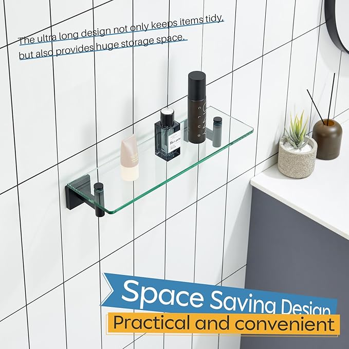 KOKOSIRI Bathroom Shelves Glass Floating Shelf 16-Inch for Bedroom Living Room Kitchen Hanging Rack Rustproof Wall Mounted Black 2 Pack B1105BK-L16-P2