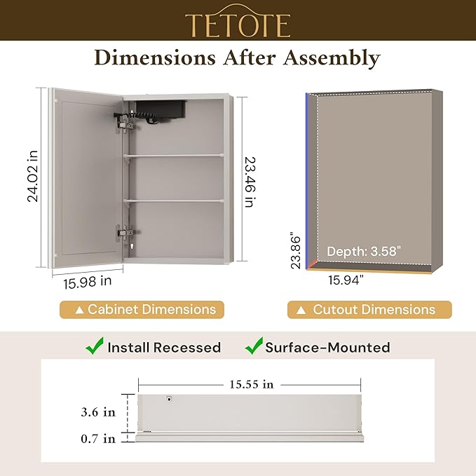 TETOTE 16 x 24 Lighted Bathroom Medicine Cabinet with Adjustable Shelves, Silver Aluminum Cabinet, Anti-Fog Stepless Dimmable 3 Colors White/Warm/Natural, Easy to Install(Wall Mount/Recessed)