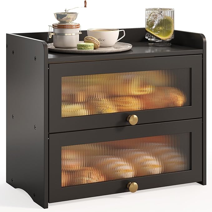 Large Bread Box for Kitchen Countertop Wooden Double Layer Breadbox Organizer with Window Vintage Farmhouse Bread Storage Container for Homemade Bread (Black)