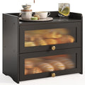 Large Bread Box for Kitchen Countertop Wooden Double Layer Breadbox Organizer with Window Vintage Farmhouse Bread Storage Container for Homemade Bread (Black)