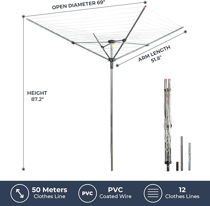 STO STO Umbrella Clothesline Outdoor Drying Rack, 164 Feet Rotary Clothes Drying Rack with Adjustable Height, Folding Laundry Line with Metal Ground Spike for Backyard, Patio, Garden, Heavy Duty
