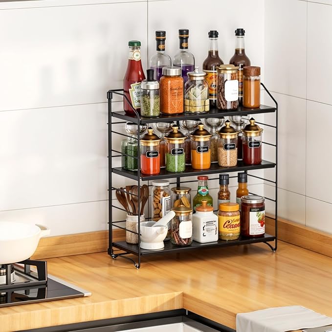 Bathroom Countertop Organizer, 3-Tier Bathroom Counter Organizer, 8-Levels Height Adjustable, Bathroom Organizer for Kitchen, Pantry, Livingroom, Offices Storage, Metal Black