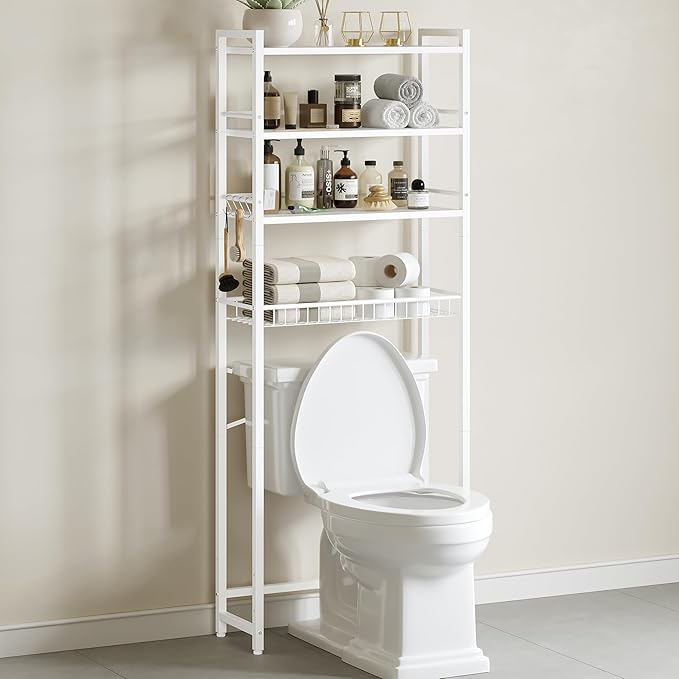 Over The Toilet Storage Rack, Bathroom Organizer with 3 Shelves & Basket, Space Saver Over Toilet Shelf with Adjustable Hooks, White