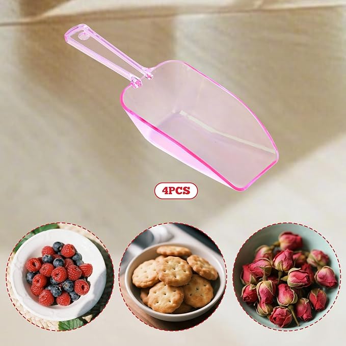 4Pcs Clear Plastic Ice Scoop for Freezer, Mini Candy Popcorn Scoops for Buffet Food Dry Goods, Flour Scoops for Canisters, 7.5 In (Pink)