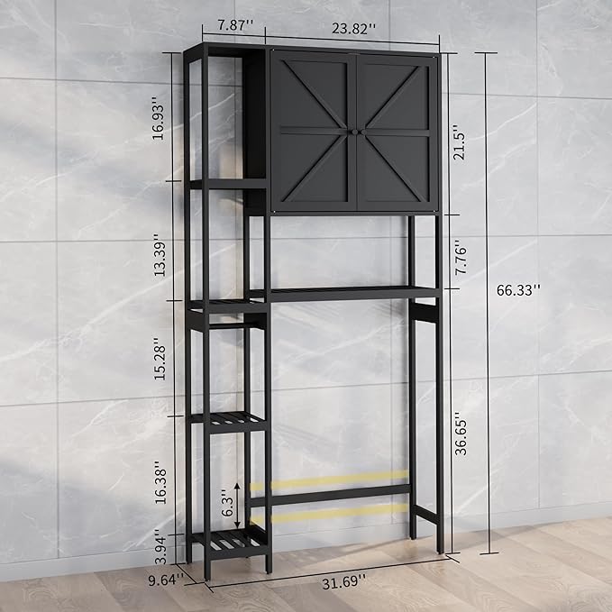 Bamboo Over The Toilet Storage, Above Toilet Organizer Storage Shelf Stand, Tall Freestanding Behind Toilet Rack, Tiered Bathroom Space Saver Shelving, Easy Assembly (Black)