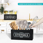 Kitchen Utensil Holder Set - Extra Large Wooden Countertop Organizer for Cooking Utensils, Cutlery and Flatware, Farmhouse Kitchen Decor, Silverware Caddy for party (Black, Large)