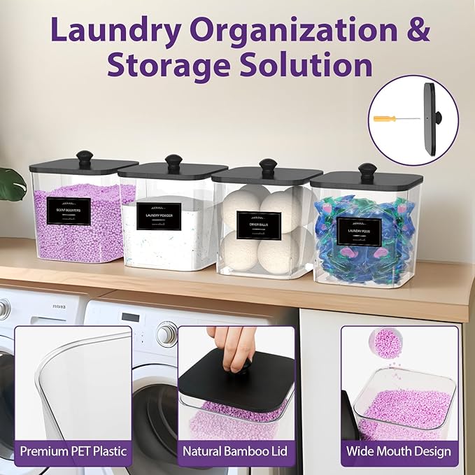 4 Pack Clear Laundry Pods Container, Plastic Square Laundry Room Organization and Storage Jars with Black Lids, Scoops & Labels for Detergent, Powder, Dryer Balls