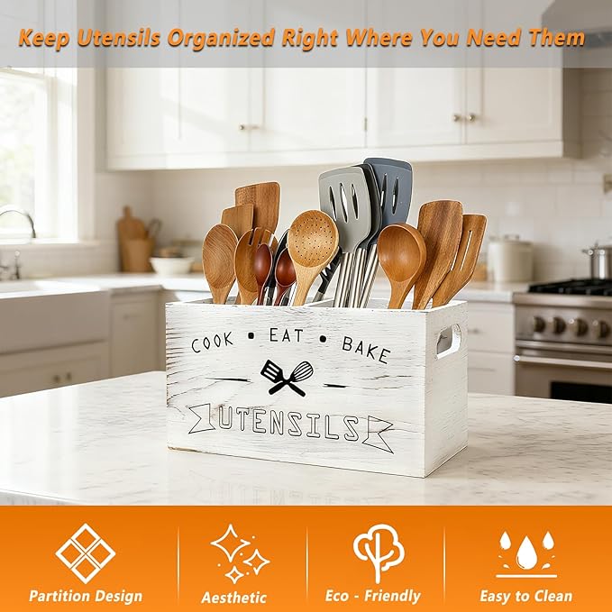 Large and Durable Retro White Wooden Kitchen Utensil Holder - Ideal Kitchen Counter Decor for Party, Counter & More （Retro White 4 Compartment）