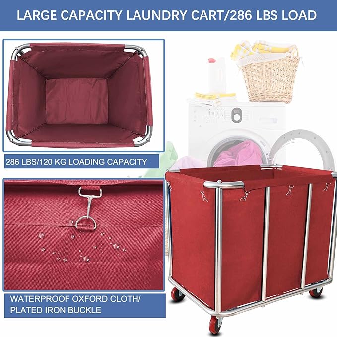 Commercial Laundry Cart With Wheels - 11.5 Bushel Heavy Duty Stainless Steel Hamper With Waterproof Lining - 260 Lbs Load Capacity