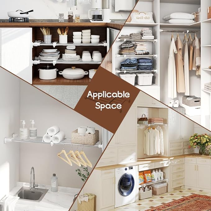 Hershii Closet Tension Shelf & Rod Expandable, Adjustable Storage Rack Metal Organizer DIY Divider Separator for Cabinet Wardrobe Cupboard Kitchen Bathroom