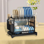 2-Tier Dish Drying Rack - Stainless Steel Dish Racks for Kitchen Counter, Space-Saving Kitchen Counter Organizer with Cutlery/Cup Holders & Draining Tray, Rustproof Multifunctional Drainer (Black)