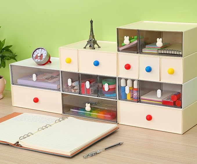 Desktop Storage Drawers, Plastic Desk Organizer with 3 Drawers, Modular Stackable Toolbox Units for Office Stationary, Makeup Container, Bathroom Countertop (1 Tall Layer, White & Clear)