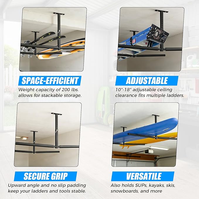 Stainless Steel Ceiling Storage Rack, 10"-18" Height Adjustable,Kayak Overhead Garage Storage Rack, Holds 200 lbs, for High-Altitude Storage of Kayaks, Surfboards, Canoes, Skis, and Ladders