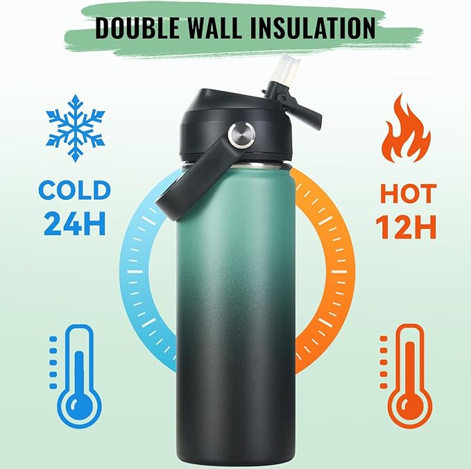 18oz Insulated Stainless Steel Water Bottle, Wide Mouth Double Wall Vacuum, Silicone Straw, Sweat & Leak Proof, BPA Free Insulated Water Flask for Travel, Keep Cold 24h Hot 12h, Green & Black