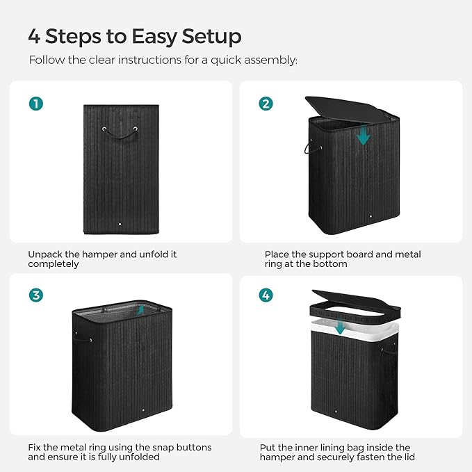 SONGMICS Laundry Hamper with Lid, Bamboo Laundry Basket, Removable Machine Washable Laundry Basket, with Handles, 26.4-Gallons, for Laundry Room, Bedroom, Bathroom, Ink Black ULCB63H
