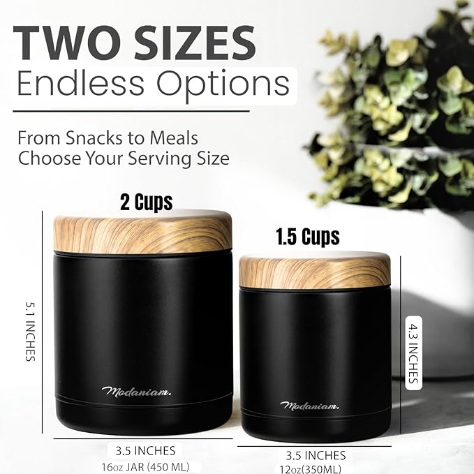 Stainless Steel Insulated Food Jar Set of 2 (16oz + 12oz), Wide Mouth, Soup Thermo for Hot Food, Lunch Container, Insulated Soup Bowl, Hot and Cold Insulated Lunch Box For Adults, Black