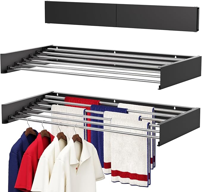 Wall Mounted Drying Rack 40", Foldable Laundry Drying Rack with Stainless Steel Rods, Retractable Laundry Space Saver for Indoor & Outdoor Use, Include Wall Template