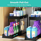 Under Sink Organizers 2 Pack, Pull-Out Sliding Cabinet Organizer with 2-Tier Storage Shelf & 4 Hooks, Multi-Purpose for Kitchen & Bathroom (13 Inch, Black)