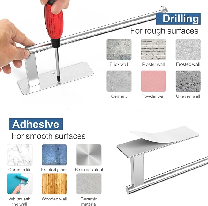 Paper Towel Holder Under Cabinet, Upgraded Adhesive Paper Towel Holder Wall Mount for Kitchen, Bathroom, RV, Bend-Resistant, Self-Adhesive or Drill mounting, Stainless Steel, Silver