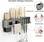 SEIDO Carbon Steel Utensil Rack – Space-Saving 20" L Kitchen Organizer with hooks & hanging bar, Gunmetal Gray Knife Holder, 2 Installation Options (Adhesive/Screwed)