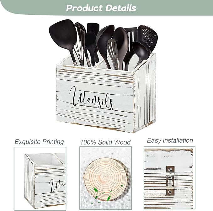 Utensil Holder with 2 Compartments, Utensil Caddy for Kitchen Counter, and Storage for Silverware Fork Spoon Spatula (White)