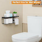 VITVITI Toilet Paper Holder with Shelf, Wall Mounted Toilet Paper Storage Basket, Wood Metal Toilet Roll and Wipes Holder for Bathroom Farmhouse (Black)