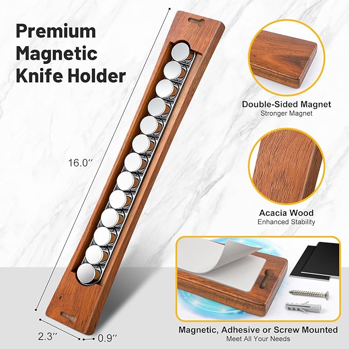 16 Inch Magnetic Knife Holder for Wall, Solid Acacia Wood Knife Magnetic Strip for Fridge, No Drill Wall Mount Knife Magnet Tool Bar, Wooden Knives Rack Block for Kitchen Utensil Organizer RV Storage