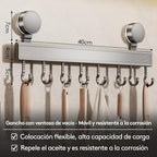 Kitchen Utensil Hooks with Suction Cup, Removable, Aluminum, 40 cm, 8 Hooks, No-Drill, Waterproof, 20 kg Capacity