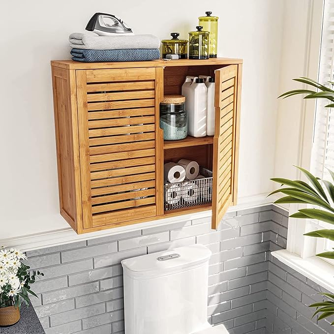 VIAGDO Wall Cabinet Bathroom Storage Cabinet Wall Mounted with Adjustable Shelves Inside, Double Door Medicine Cabinet, Utility Cabinet Organizer Over Toilet, Bamboo, 23.2''Lx8.1''Wx20.4''H