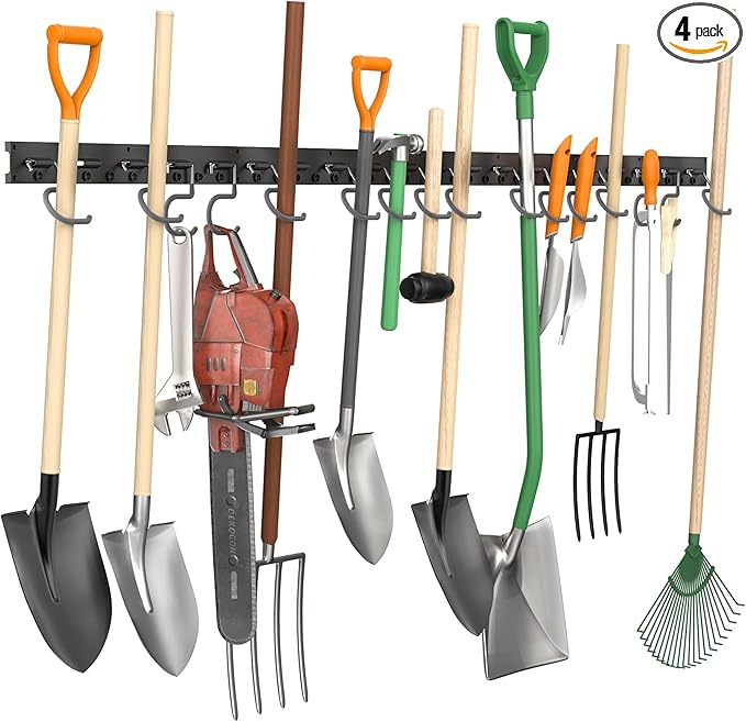 TORACK Plastic Wall Mounted Mop and Broom Holder, Garden Tools Organizer for Garage Wall, Yard Tool Storage Rack for Rakes, Shovels, Mops, Brooms (4 Tracks, 16 Hooks)