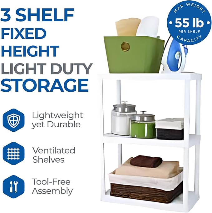 Gracious Living 3 Shelf Fixed Height Solid Light Duty Storage Unit 24 x 12 x 33" Organizer System for Home, Garage, Basement, and Laundry, White