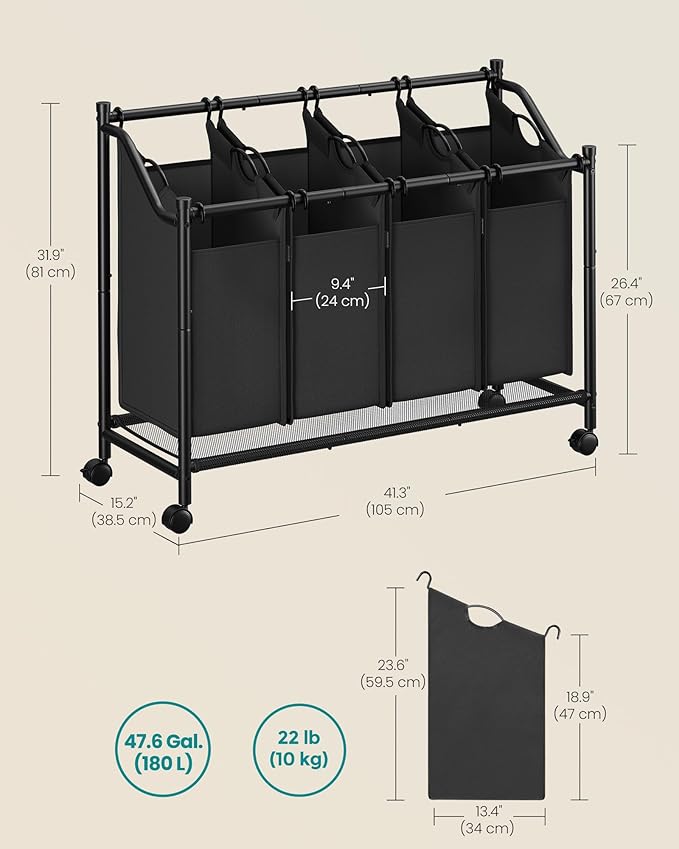 SONGMICS Rolling Laundry Sorter Basket with 4 Removable Bags, Laundry Hamper Cart, for Bedroom, Bathroom, 4 x 11.9 Gallons, Ink Black URLS103B01