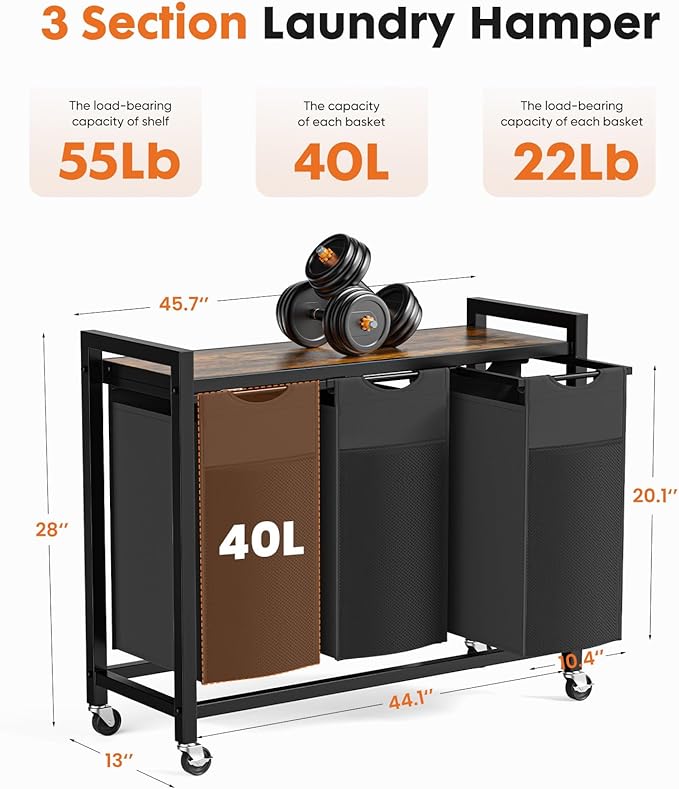 DUMOS Laundry Hamper with 3 Pull-Out Removable Sorter Bags, Movable Wheels, Freestanding Clothes Basket Organizer in Bathroom, 3 × 10.6 Gal (120L) Capacity, Rustic Brown and Black