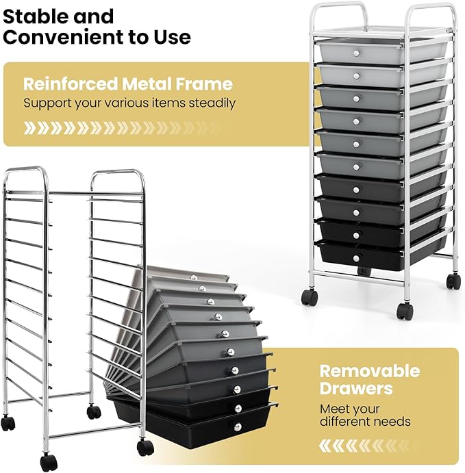 COSTWAY 10-Drawer Rolling Storage Cart, Utility Mobile Trolley with Removable Drawers & Universal Casters & 2 Brakes, Versatile Flexible Drawer Organizer Cart for Home, Office, Mixed Black